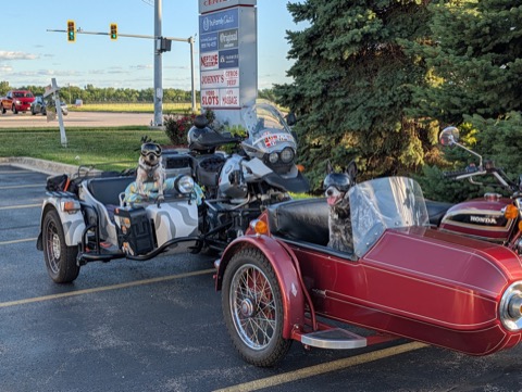 Met another dog with his own sidecar. Doggles club, party of two.