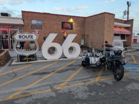 Obligatory Route 66 photo op at the Chicken Basket. Kyro held the parking spot.