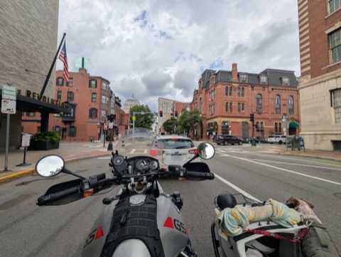 Sidecar-eye view of downtown Boston. Kyro navigates, sort of.